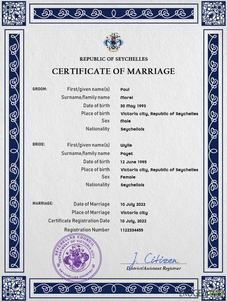 Modèle PSD de certificat de mariage des Seychelles